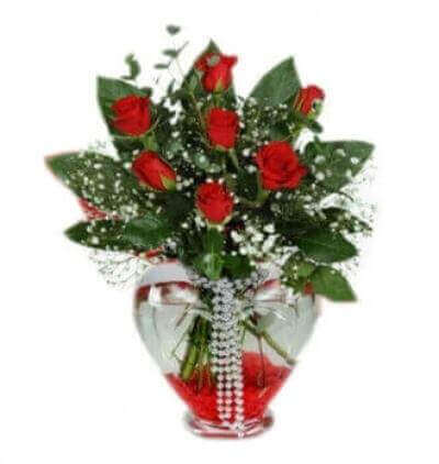 beyaz seramikte 9 kırmızı gül Çiçeği & Ürünü Kalbimin 7 Gülü 