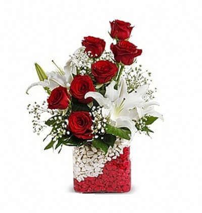 10 kırmızı gül buketi Çiçeği & Ürünü Kırmızı Beyaz Süpriz 